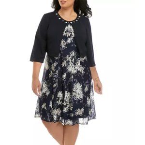 Perceptions Jeweled Jacket Over Printed Lace Fit & Flair Dress 1X